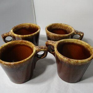 4 Vintage Hull Pottery USA Brown Drip Glaze Glazed Ceramic Coffee Mugs Cups